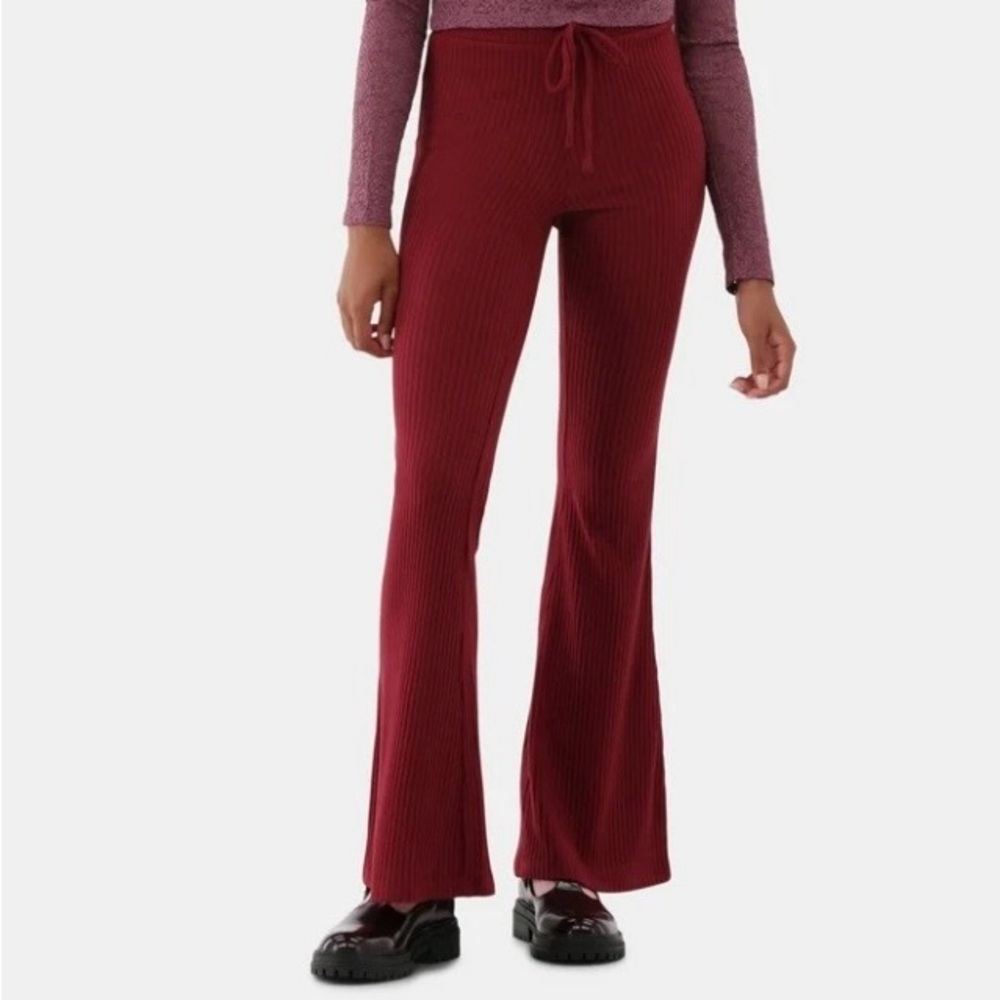 No Boundaries Ribbed Knit Flare Pants - Berry Pink